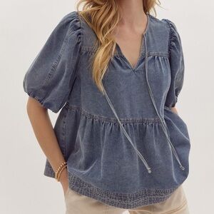 entro Denim Tiered Puff Sleeve Front Tie Top Size S